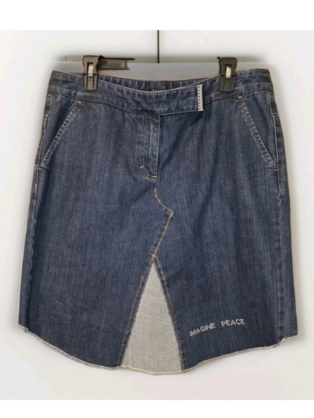 Designer Denim Skirt w/Front Pockets Frayed Hem Size 14 Remade by Elie Tahari